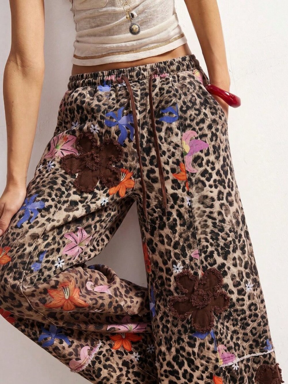 Khaki Casual Women's Vacation Boho Leopard Print Floral Wide Leg Long Pants - Picture 4 of 7